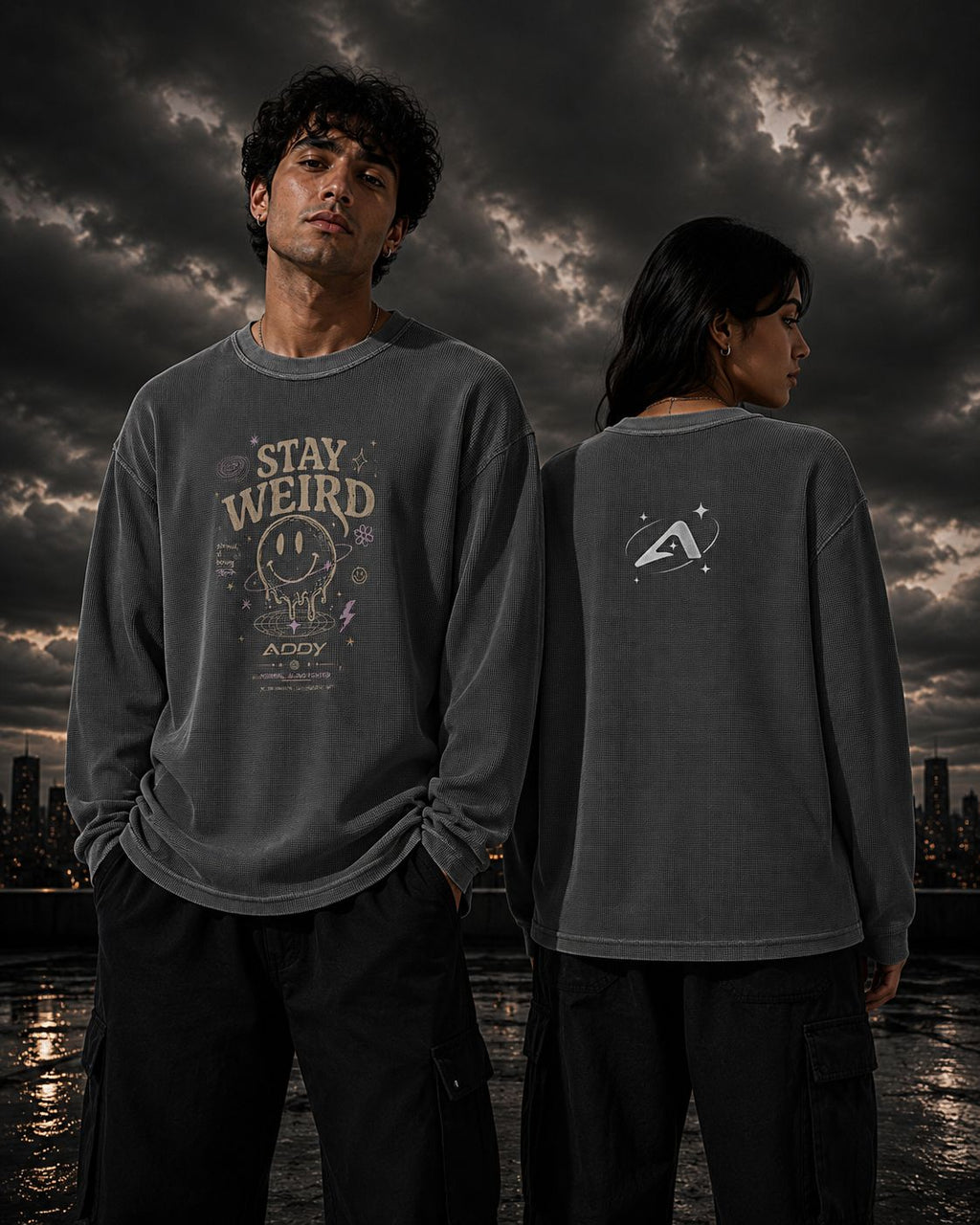 STAY WEIRD acid wash waffle knit