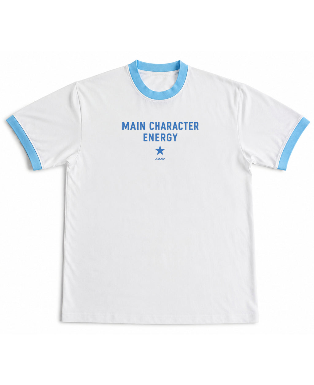 White & Sky Blue Ringer tee Front Design