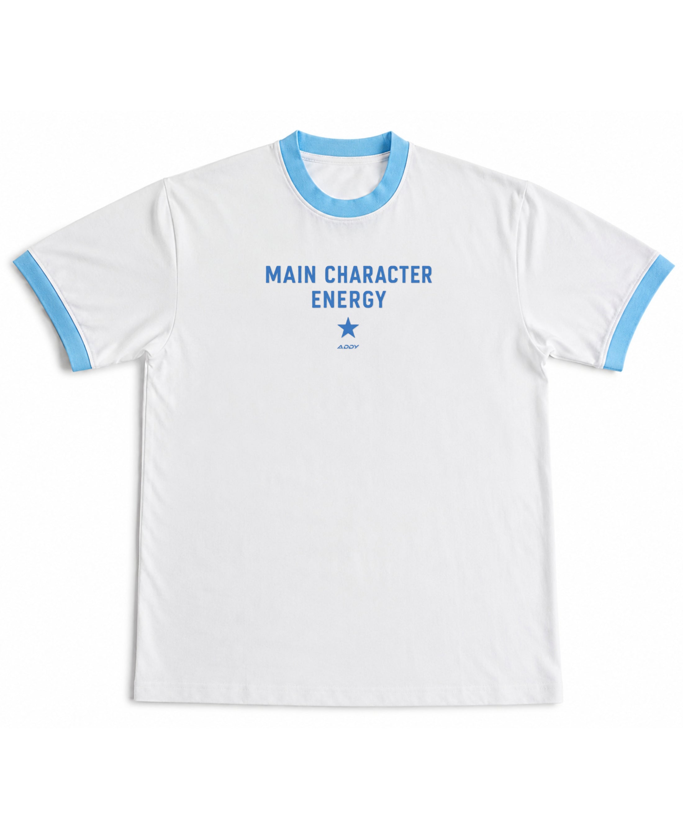 White & Sky Blue Ringer tee Front Design