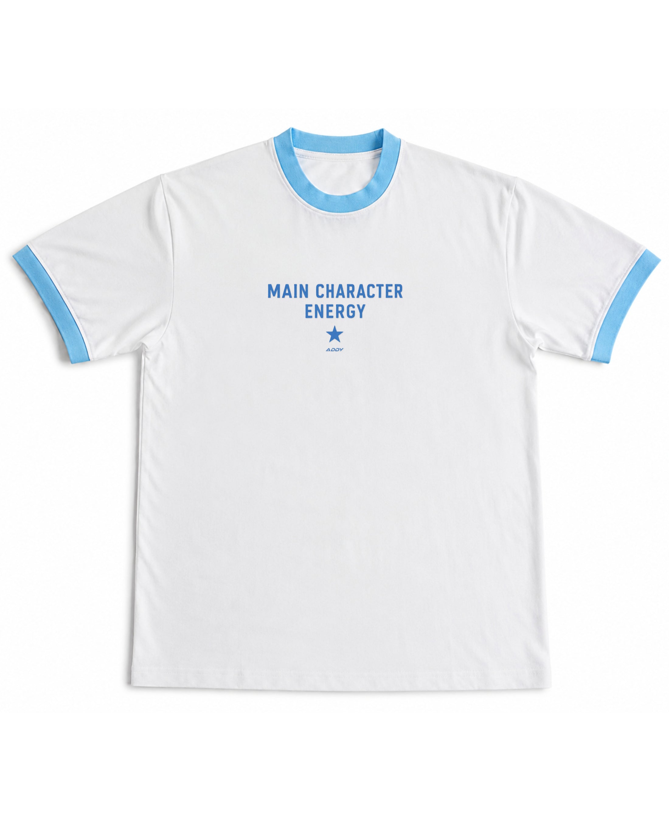 White & Sky Blue Ringer tee Front Design