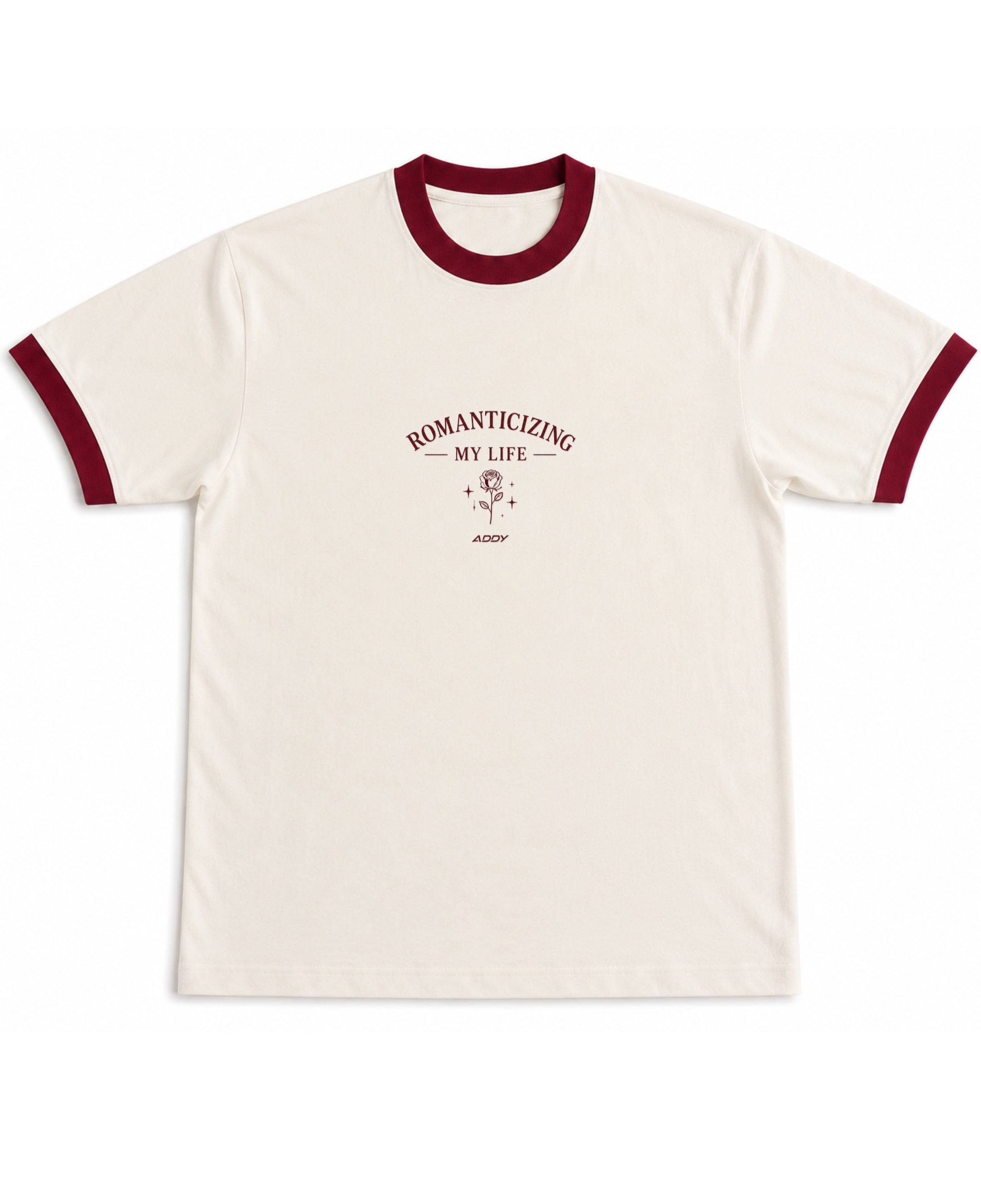 Off White & Maroon Ringer tee Front Design