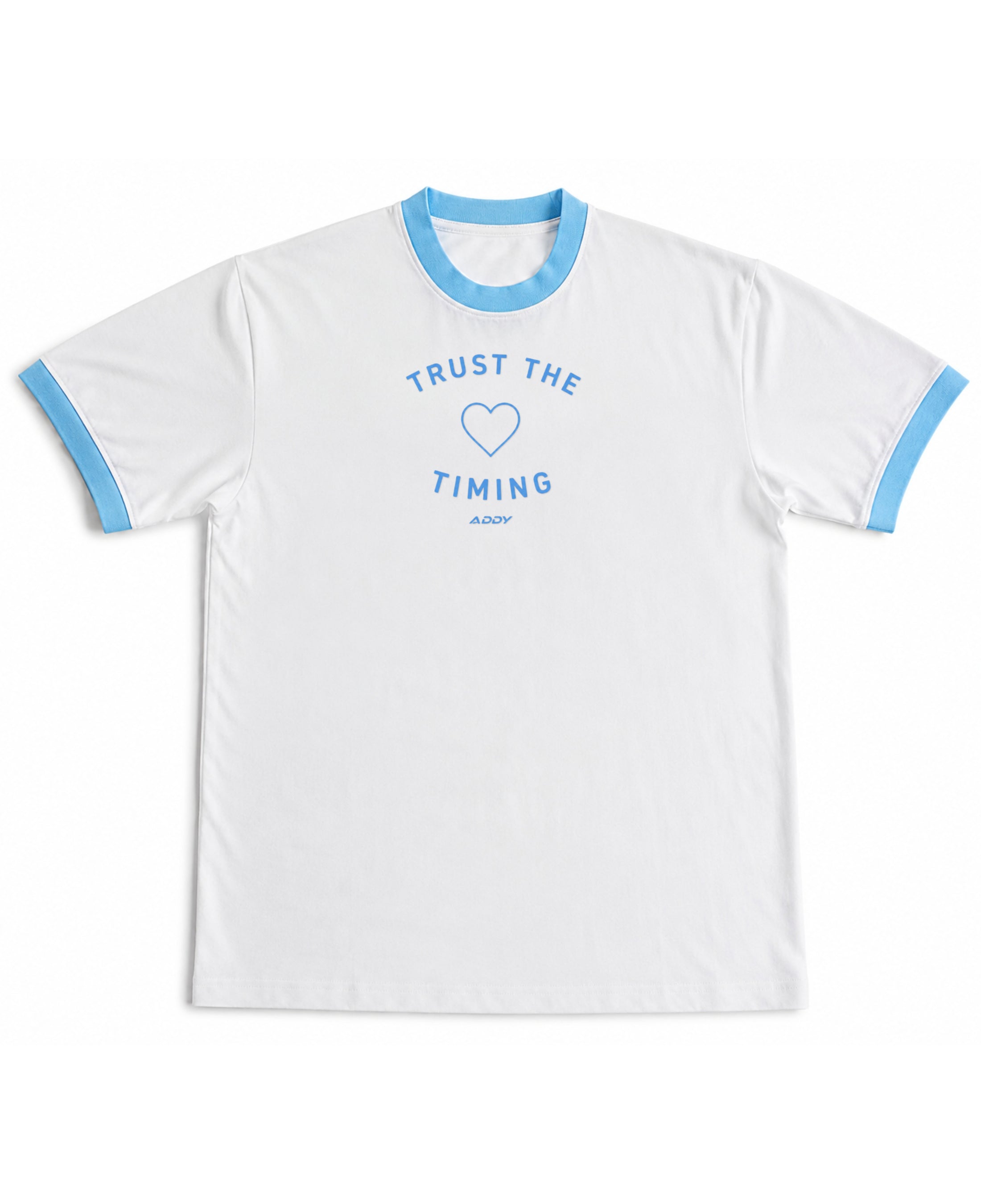 White & Sky Blue Ringer tee Front Design