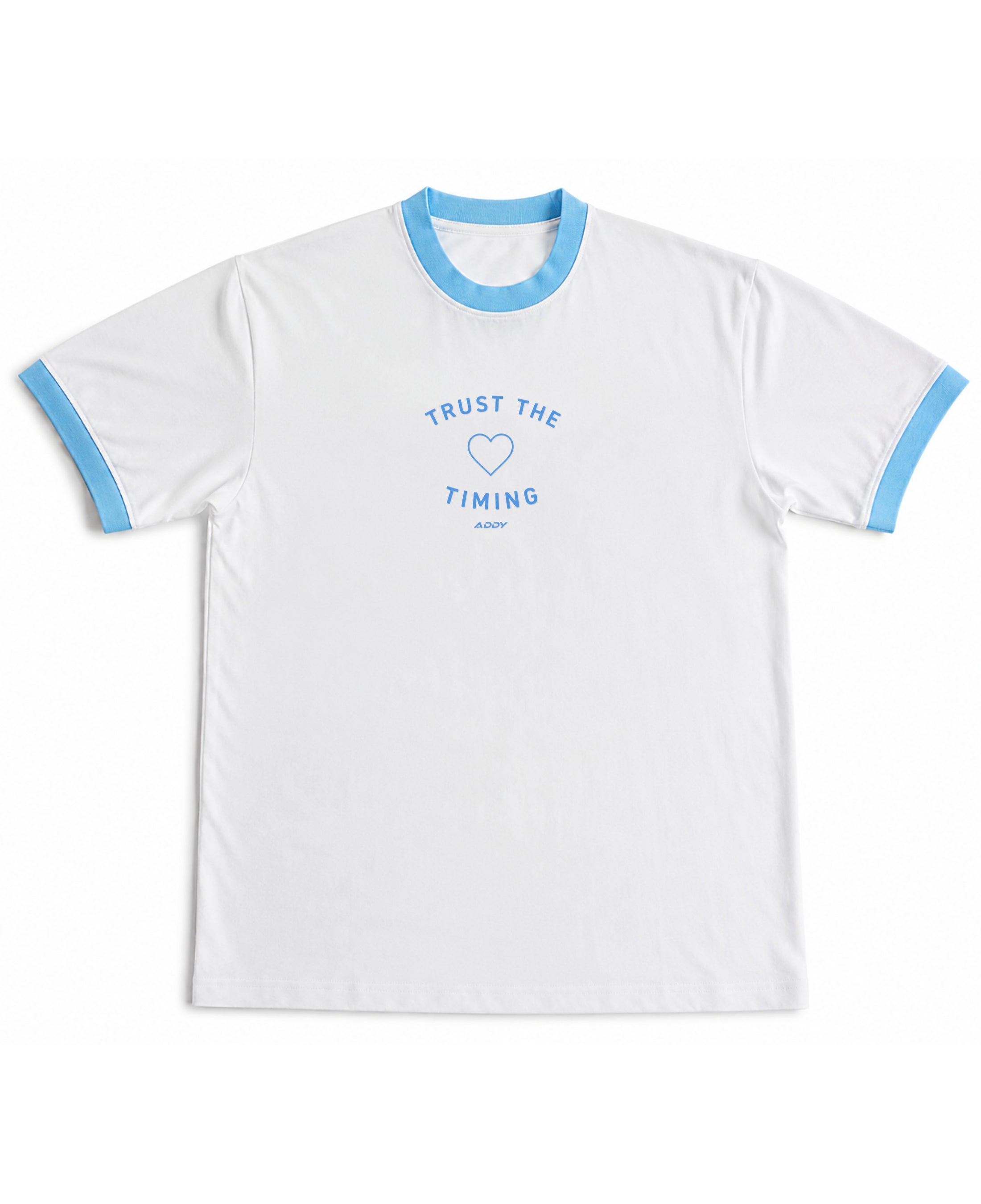 White & Sky Blue Ringer tee Front Design